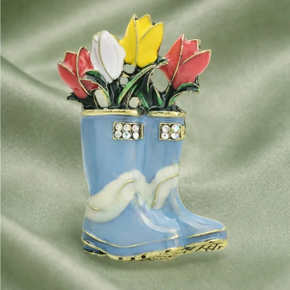 Floral Boot Tulip Blue Gold Brooch